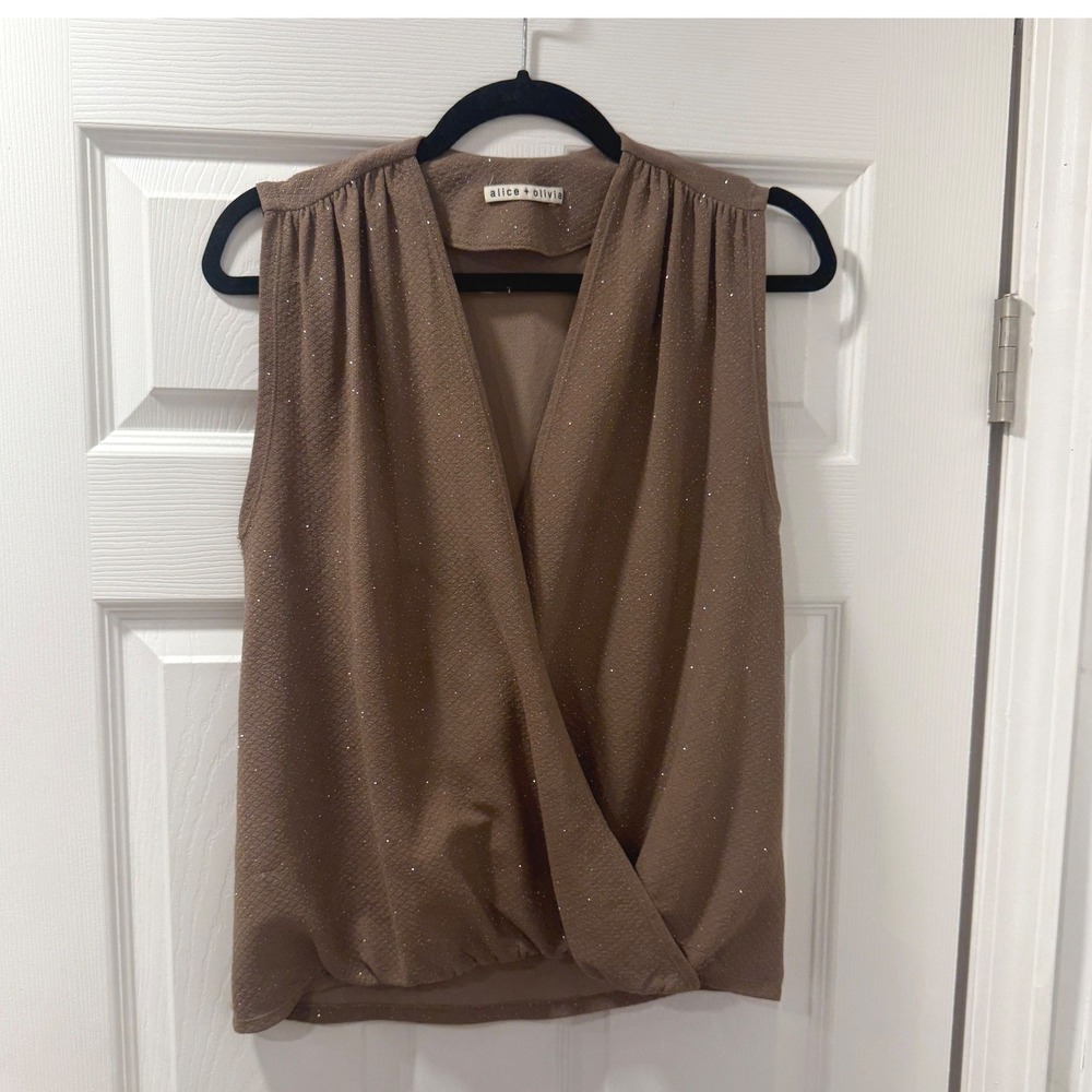 Alice Olivia Brown Sparkle Ruched V Neck‎ Sleeveless Wrap Top S Glitter Shimmer